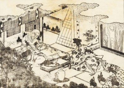 An Old Woman, Perhaps a Buddhist Nun, Sits and a Young Woman Reads Something to Her by Katsushika Hokusai